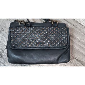 Platania Black Leather Italy Studded Boho Steampunk Going Out Crossbody Handbag